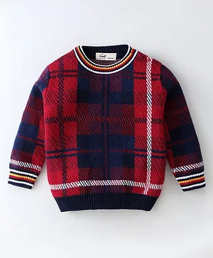 Simply Cotton Knit Full Sleeves Sweater with Checkered Design - Red & Blue