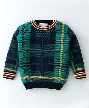 Simply Cotton Knit Full Sleeves Sweater with Checkered Design - Green & Blue