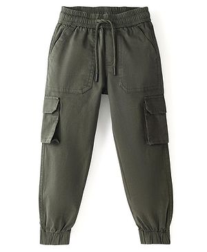 Pine Kids Cotton Elastane Full Length Solid Stretchable Track Pant with Draw Cord - Olive Green
