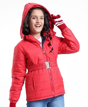 Pine Kids  Full Sleeves Quilted Medium Winter Jacket with Belt Solid Colour - Red