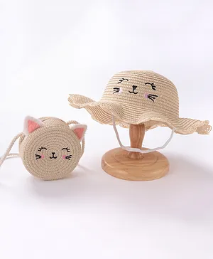 Babyhug Straw Hat with Purse Cat Design - Beige