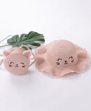 Babyhug Straw Hat Cat Design with Sling Bag - Pink