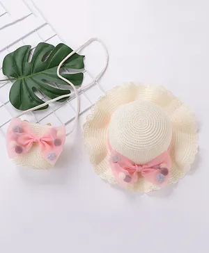 Babyhug Straw Hat Bow Design with Sling Bag - Cream
