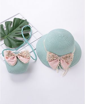 Babyhug Straw Hat Bow Design with Sling Bag - Blue