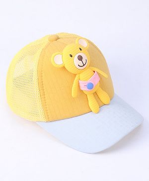 Babyhug Cotton Baseball Cap with Teddy Bear Design - Yellow