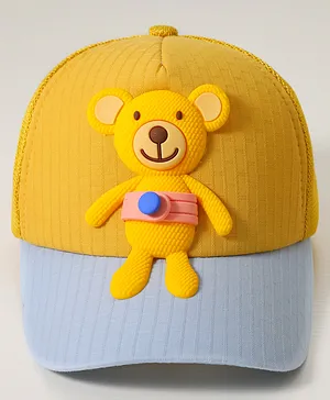 Babyhug Cotton Baseball Cap with Teddy Bear Design - Yellow