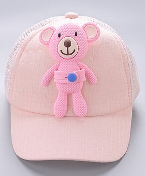 Babyhug Cotton Baseball Cap With Teddy Bear Applique - Pink
