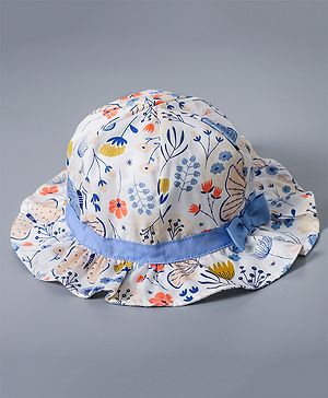 Babyhug Cotton Bucket Hat Floral Print with Bow White - Diameter 16.5 cm