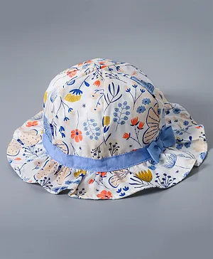 Babyhug Cotton Bucket Hat Floral Print with Bow White - Diameter 16.5 cm 