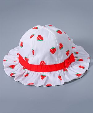 Babyhug Cotton Bucket Hat Strawberry Print with Bow White - Diameter 16 cm