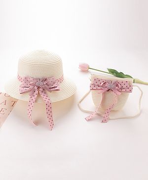 Babyhug Straw Hat with Bow Applique and Purse - White