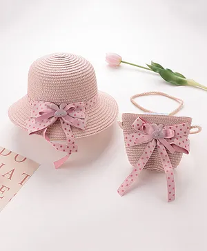 Babyhug Straw Hat with Bow Applique and Purse - Pink