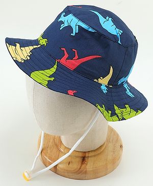 Babyhug Cotton Bucket Hat Dinosaur Print Navy Blue - Diameter 15.5 cm