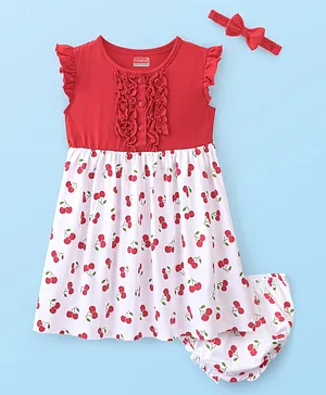 Babyhug Cotton Knit Sleeveless Frock With Bloomer & Headband Cherry Print - Red & White