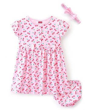 Babyhug Cotton Single Jersey Knit Half Sleeves Frock with Bloomer & Headband Cherry Print - Pink