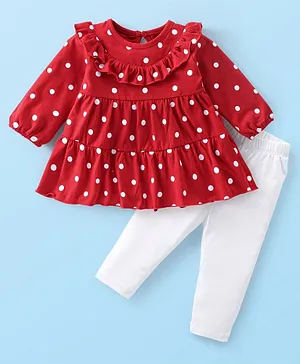 Babyhug Cotton Knit Full Sleeves Frock & Leggings With Polka Dots Print - Red & White