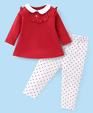 Babyhug 100% Cotton Single Jersey Knit Full Sleeves Frock with Legging Polka Dot Print - Red