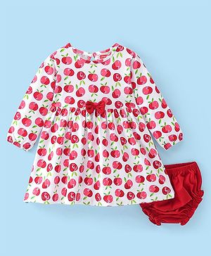 Babyhug Cotton Knit Full Sleeves Frock with Bloomer Apple Printed - Red