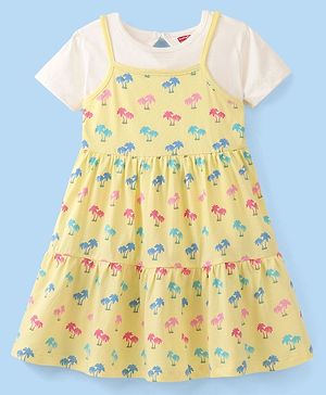 Babyhug 100% Cotton Knit Frock With Half Sleeves Inner Tee Palm Tree Print - Yellow & White