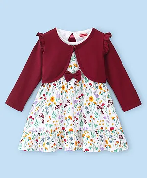 Babyhug Knit Full Sleeves Shrug with Frock Floral Printed with Bow Applique - White & Maroon