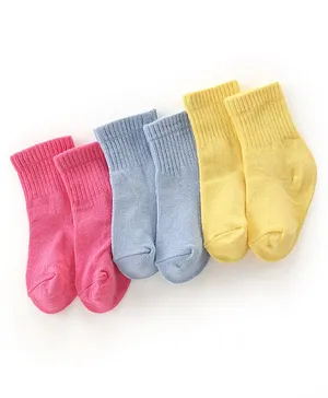 Cute Walk by Babyhug Anti Bacterial Ankle Length Non Terry Solid Color Socks Pack of 3 - Pink Blue & Yellow