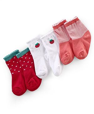 Cutewalk By Babyhug Anti Bacterial Ankle Length Socks Cherry Print Pack Of 3 - White & Red
