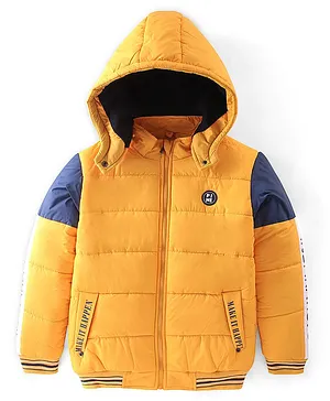 Pine Kids Full Sleeves Cut And Sew Medium Winter Jacket Text Print - Yellow & Navy