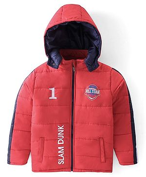Pine Kids Woven Full Sleeves Medium Winter Hooded Jacket With Text Print - Red