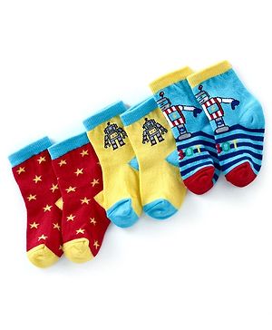 CCute walk by Babyhug Anti Bacterial Ankle Length Non Terry Socks Robot Design  Pack of 3 - Red Yellow & Blue