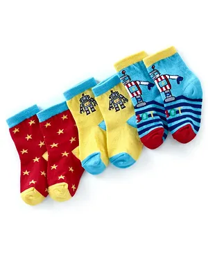 CCute walk by Babyhug Anti Bacterial Ankle Length Non Terry Socks Robot Design  Pack of 3 - Red Yellow & Blue