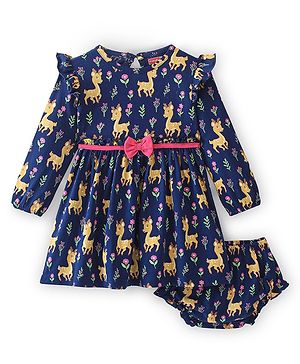 Babyhug Cotton Knit Frilled Full Sleeves Deer Print Frock with Bloomer - Navy Blue