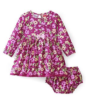 Babyhug 100% Cotton Knit Full Sleeves Frock with Bloomer Floral Print - Pink & Purple