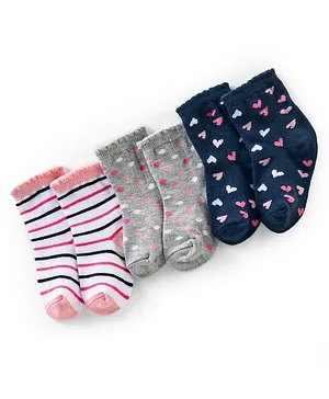 Cute Walk by Babyhug Anti Bacterial Ankle Length Non Terry Socks Heart Design Pack of 3 - Pink Grey & Navy Blue