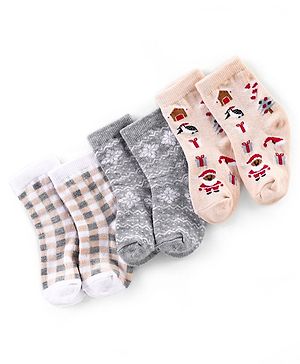 Cutewalk By Babyhug Anti Bacterial Ankle Length Socks Christmas Pack Of 3 - Cream & Grey