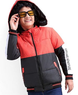 Pine Kids Full Sleeves Cut and Sew Explore Adventure Printed Jacket With Detachable Hood- Orange