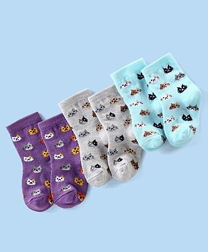 Cutewalk By Babyhug Anti Bacterial Ankle Length Socks Kitty Print Pack Of 3 - Purple Grey & Blue