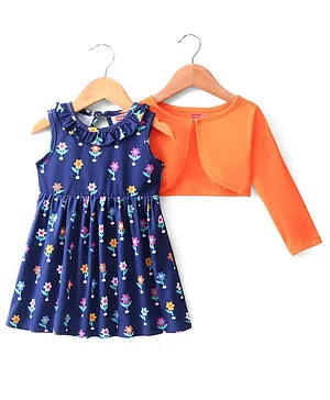 Babyhug 100% Cotton Knit Frock with Full Sleeve Shrug Floral Print - Navy Blue & Orange