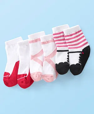 Cutewalk By Babyhug Anti Bacterial Ankle Length Socks Striped Print Pack Of 3 - White Pink & Black