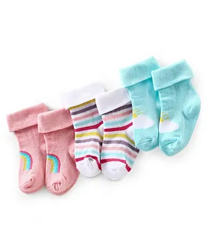 Cutewalk By Babyhug Anti Bacterial Ankle Length Socks Rainbow Print Pack Of 3 - White Pink & Blue