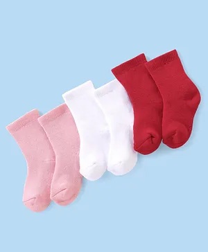 Cute Walk By Babyhug Anti-Bacterial Terry Socks With Solid Colour Pack Of 3 - Pink White & Red