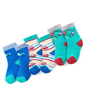 Cute Walk By Babyhug Anti-Bacterial Terry Socks With Bus Print Pack Of 3 - White Blue & Green