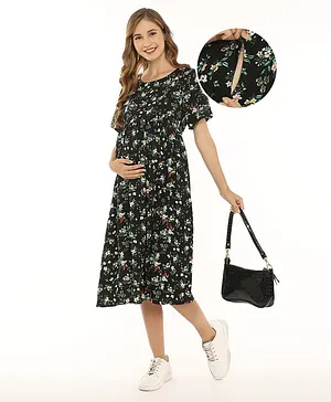 Bella Mama Woven Flower Print Short Sleeves Maternity Dress with Pocket - Black