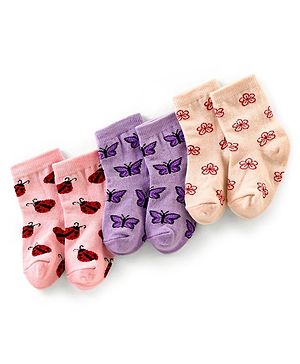 Cute Walk by Babyhug Anti Bacterial Ankle Length Non Terry Socks Butterfly Design Pack of 3 - Pink Purple & Peach