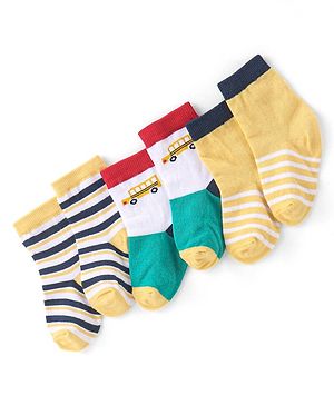 Cute Walk By Babyhug Non Terry Anti Bacterial Ankle Length Socks Striped & Car Design Pack Of 3 - Yellow