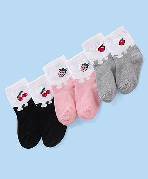 Cute Walk By Babyhug Antibacterial Socks With Cherry & Strawberry Print Pack Of 3 - Pink Black & Grey