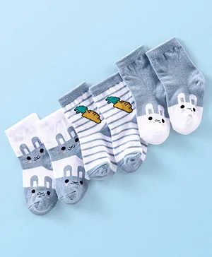 Cutewalk By Babyhug Anti Bacterial Ankle Length Socks Bunny Print Pack Of 3 - White & Grey