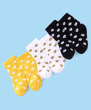 Cute Walk By Babyhug Antibacterial Socks With Floral Print Pack Of 3 - White Black & Yellow
