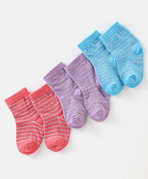 Cute Walk By Babyhug Non Terry Anti Bacterial Ankle Length Stripes Design Socks Pack of 3 - Multicolour