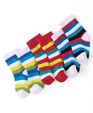 Cute Walk by Babyhug Cotton Blend Ankle Length Anti Bacterial Socks Stripes Design Pack of 3 - Blue & Red