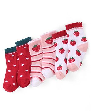 Cute Walk by Babyhug Cotton Blend Ankle Length Anti Bacterial Socks Strawberry Design Pack of 3 - Pink & Red